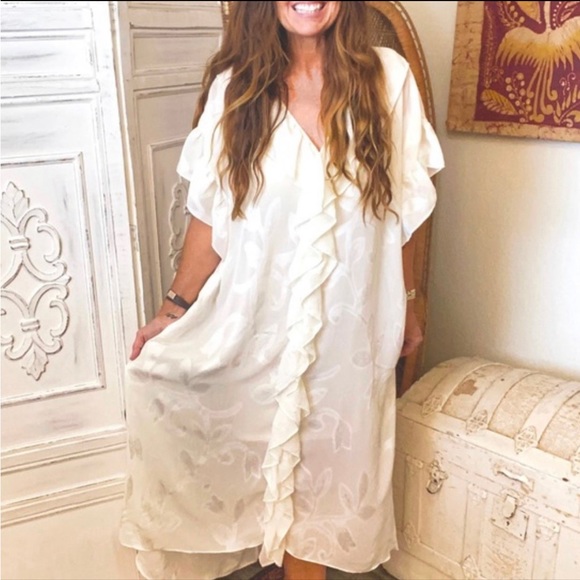 H&M Conscious Kaftan Dress Floral Ruffle Midi Flounce Cream Swim Coverup - Picture 7 of 8